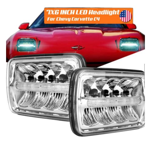 C4 New Chrome Bar LED Projector Headlights - Hi-Lo Beam with DRL 1984-1996