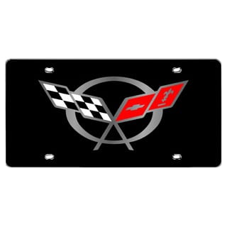 C5 New Stainless License Plate, Black with C5 Crossed Flags 1997-2004