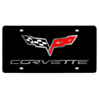 C6 New Stainless License Plate, Black with C6 Crossed Flags and Lettering 2005-2013