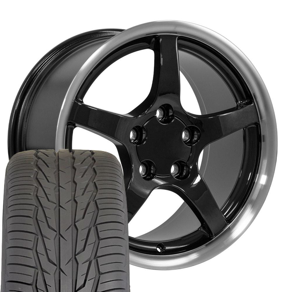 C4 New Gloss Black Machined Lip 17x9.5 Wheel and Tire Set of 4 (CV05) with 275/40r17 Toyo Extensa HP II 1988-1996