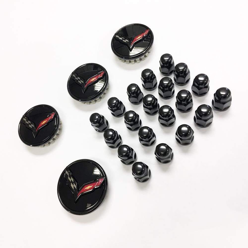 C7 New Black Wheel Center Caps and Lug Nuts 2014-2019