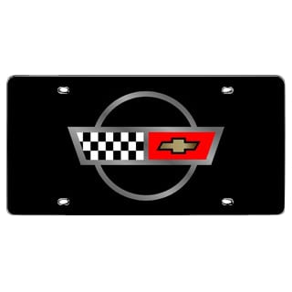 C4 New Crossed Flags Logo License Plate, Black 1984-1996