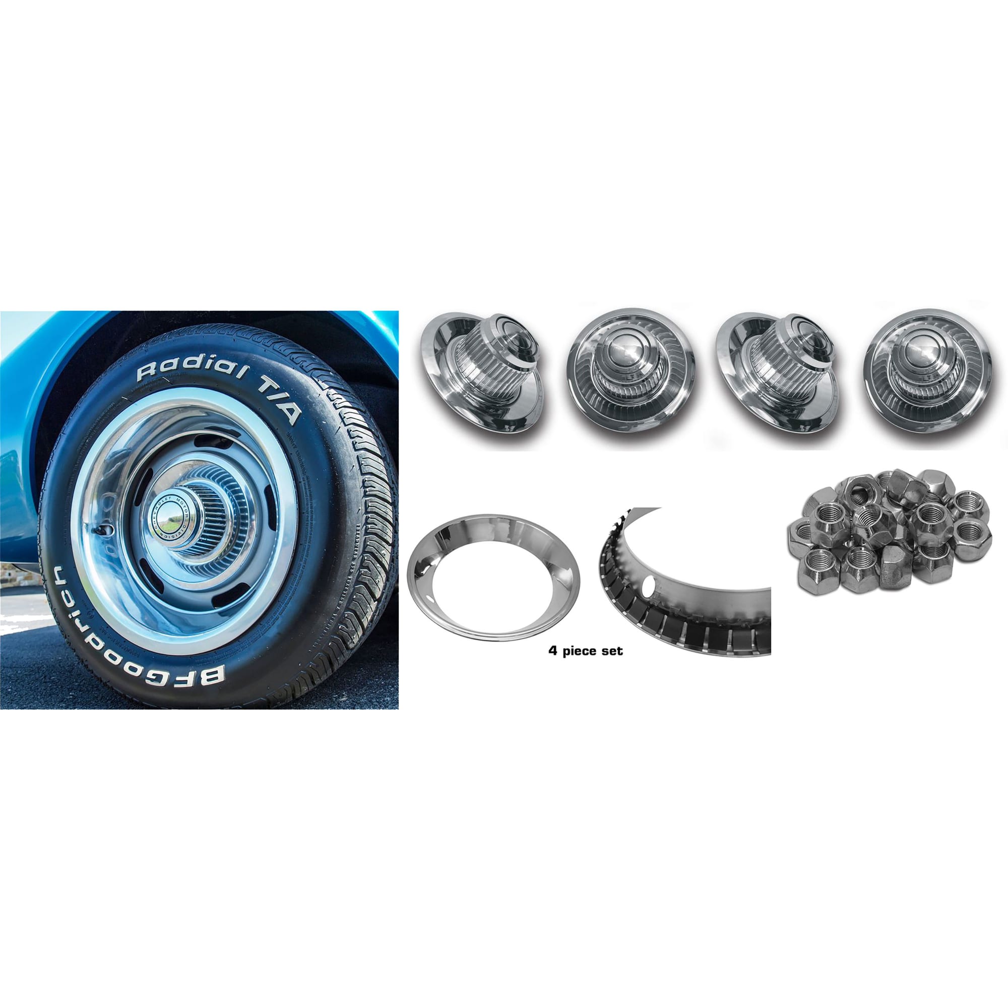 C3 New 15x8 Rally Wheel & Tire Package with 225/70/15 BF Goodrich Radial T/A Tires 1968-1982