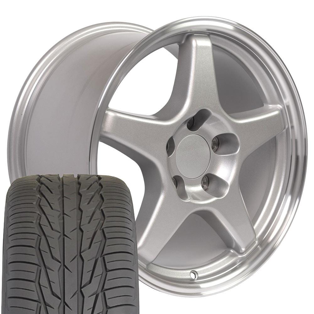 C4 New Gloss Silver Machined Lip 17x9.5 and 17x11 Wheel and Tire Set of 4 (CV01) with 275/40r17 & 315/35r17 Toyo Extensa HP II 1988-1996