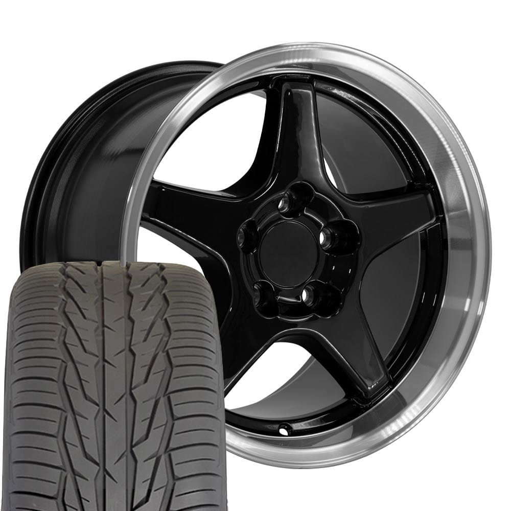 C4 New Gloss Black Machined Lip 17x9.5 and 17x11 Wheel and Tire Set of 4 (CV01) with 275/40r17 & 315/35r17 Toyo Extensa HP II 1988-1996