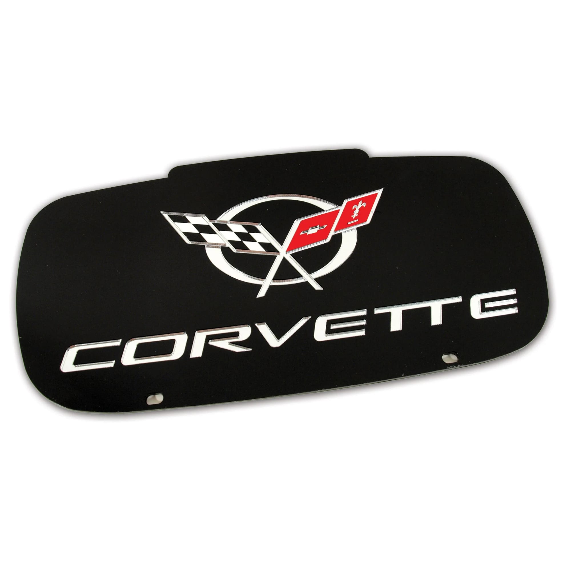C5 New Front License Plate, Black with Mirrored C5 Logo and Script 1997-2004